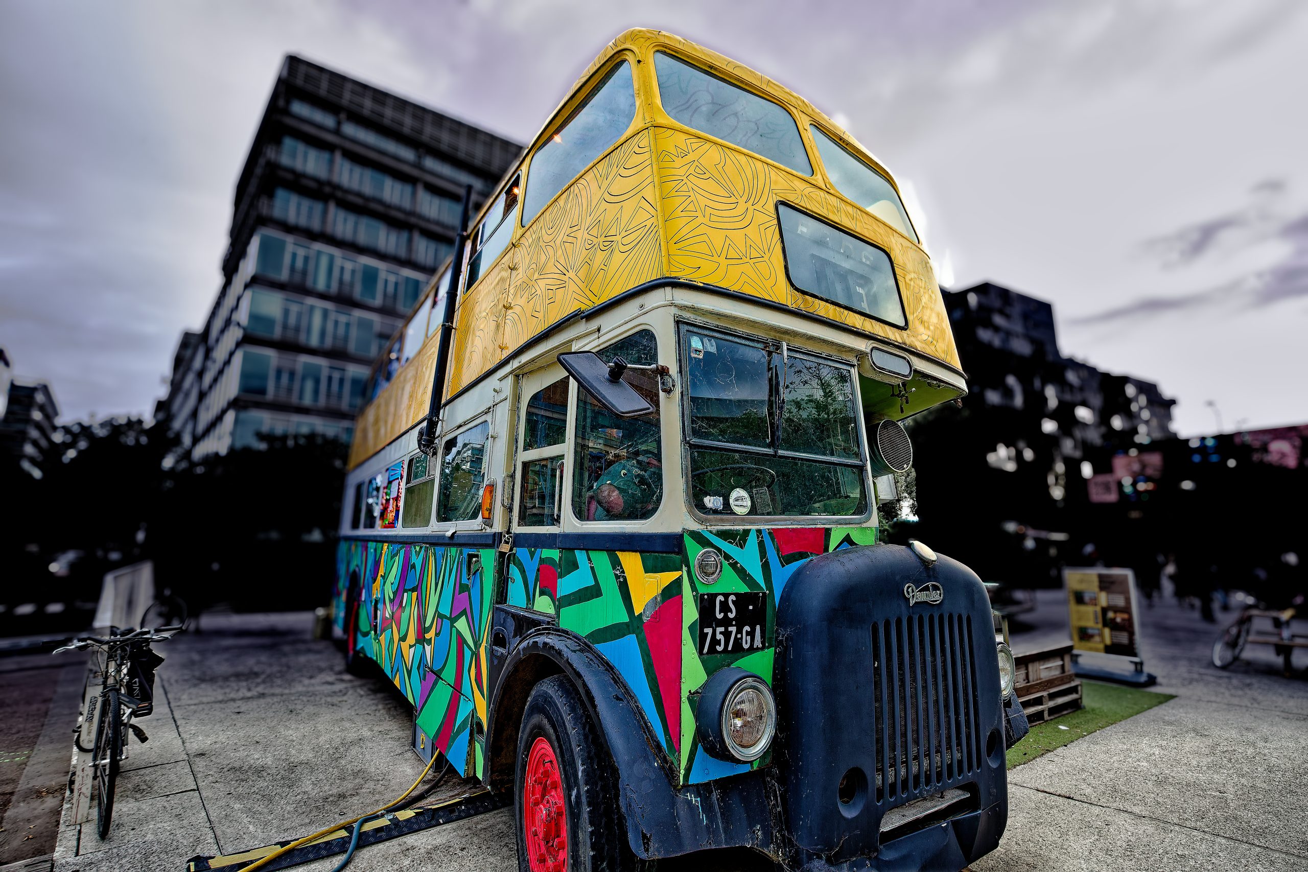 In a yellow bus